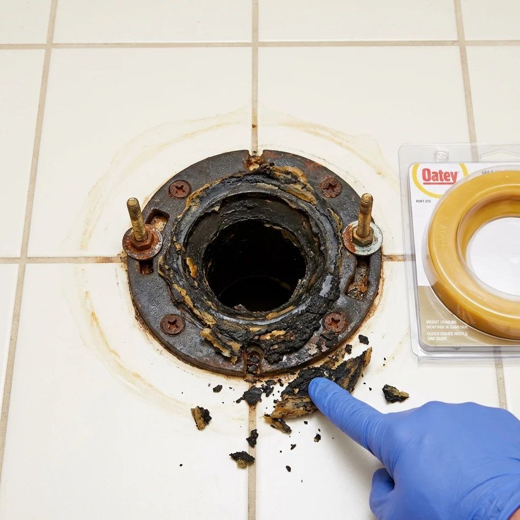 Failed wax ring showing water seepage at the base of a toilet in a Abbeville, AL home