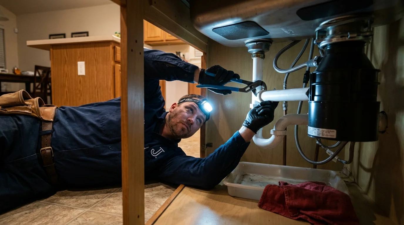 P-trap and supply line connections under a kitchen sink showing a common leak point in Abbeville, AL